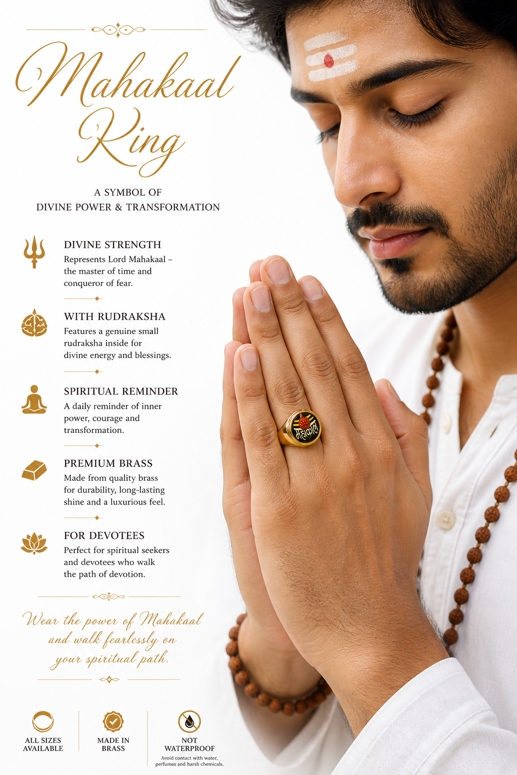 Gold brass ring on finger with black face, red rudraksha and Shiva motif