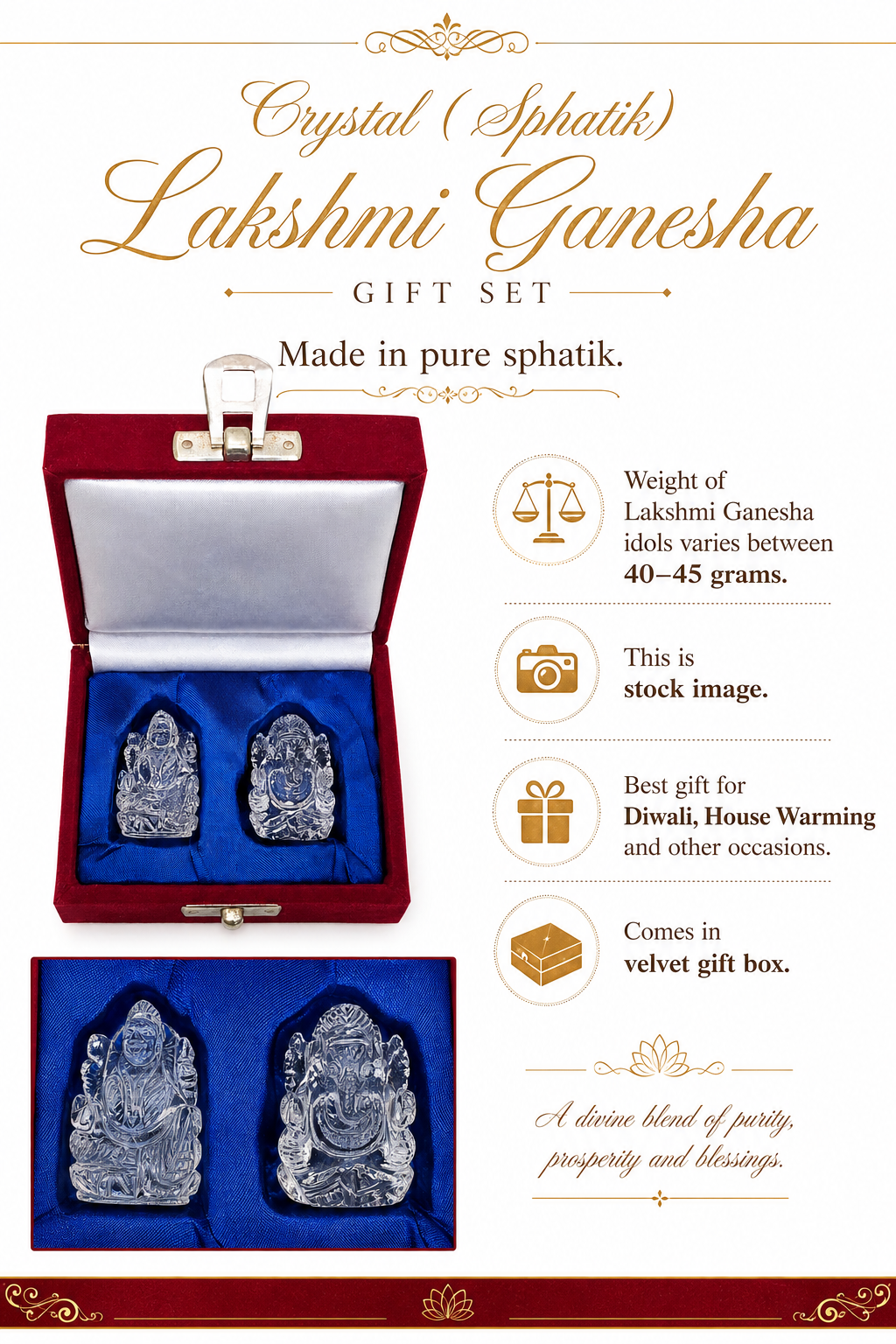 Crystal (Sphatik) Lakshmi Ganesha Idol Gift Set - Pure Sphatik Crystal Ganesh Lakshmi Murti in Velvet Gift Box for Diwali, Housewarming & Auspicious Occasions