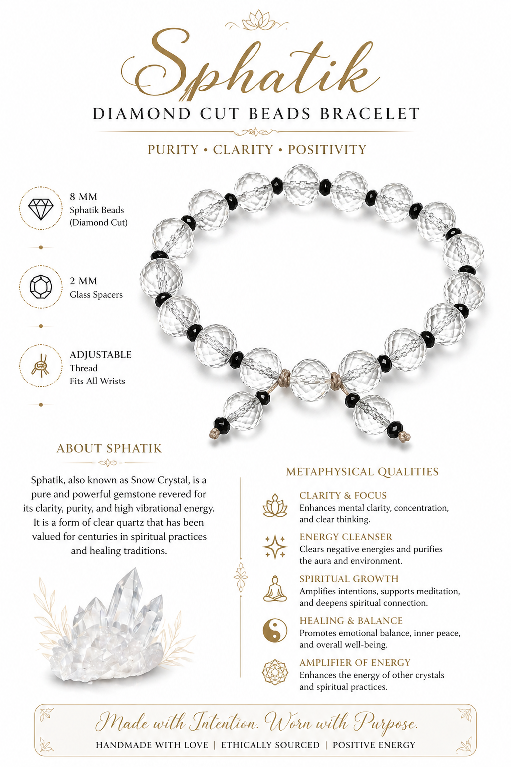 Diamond-cut crystal beads bracelet with 8mm clear beads and black spacers, adjustable fit