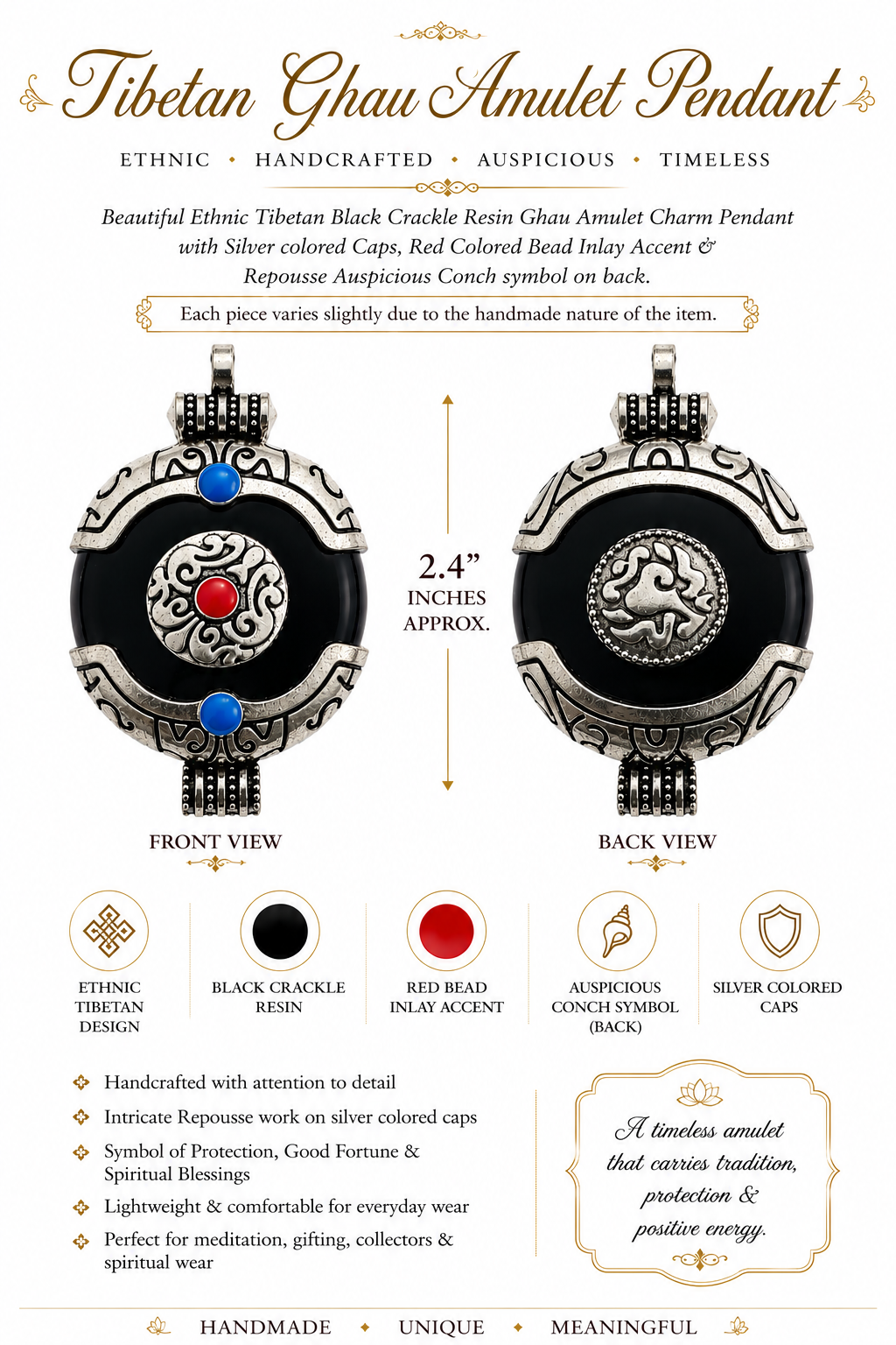 Round amulet pendant set showing front and back: black resin, silver design, blue and red beads