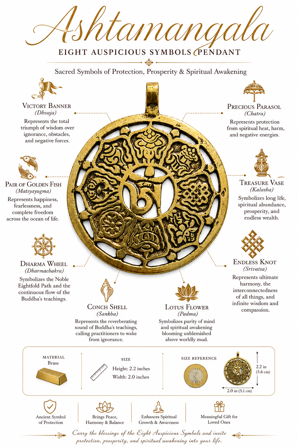 Handcrafted Tibetan Ashtamangala Brass Pendant with Om Symbol | Eight Auspicious Symbols Buddhist Lucky Protection Amulet