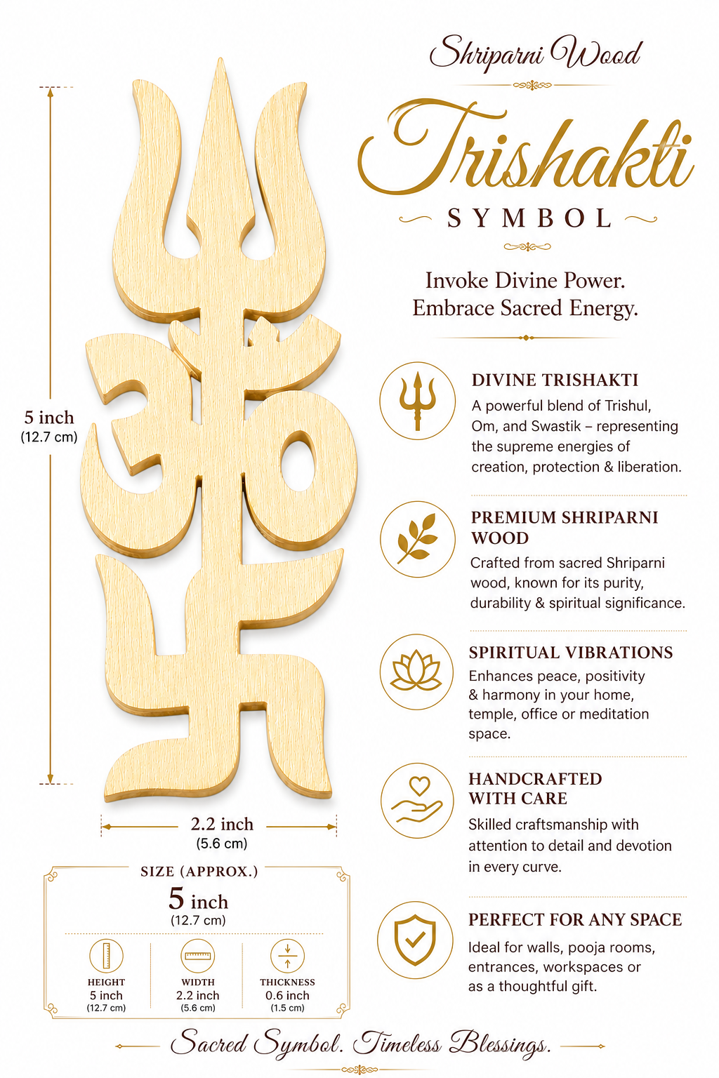 Light wood Trishakti wooden symbol with trident and Om-style cutout, 5 inch