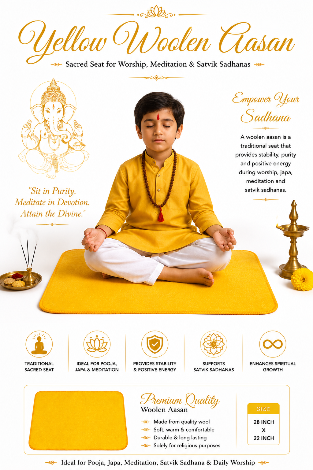 Yellow meditation asan mat under seated person, 28 x 22 inch