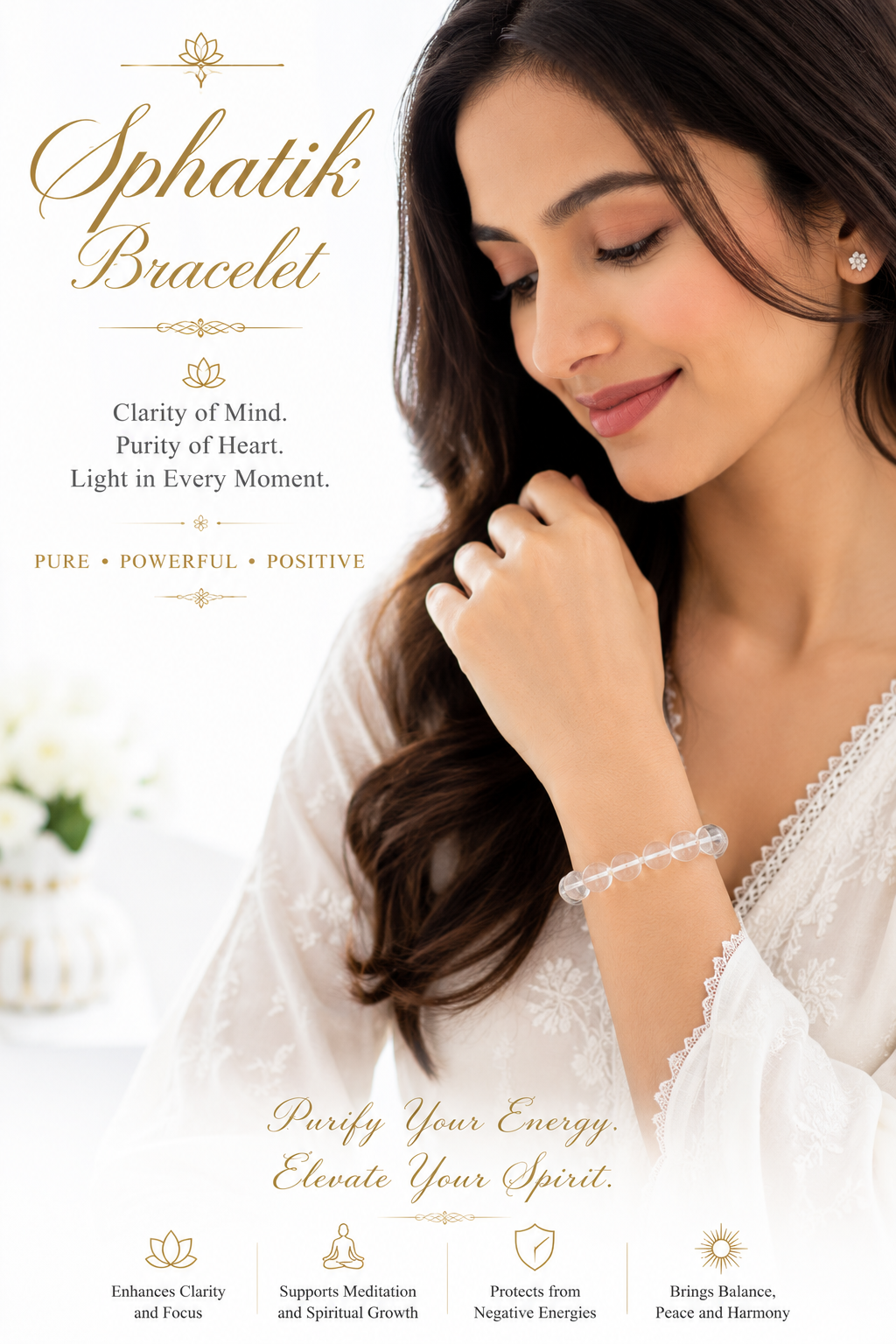 Natural Clear Sphatik Crystal Bracelet 9mm | Handcrafted Quartz Gemstone Bracelet with Knotted Thread & Screw Clasp | 8 Inch Healing Crystal Bracelet for Men & Women | Premium Meditation & Spiritual Jewelry