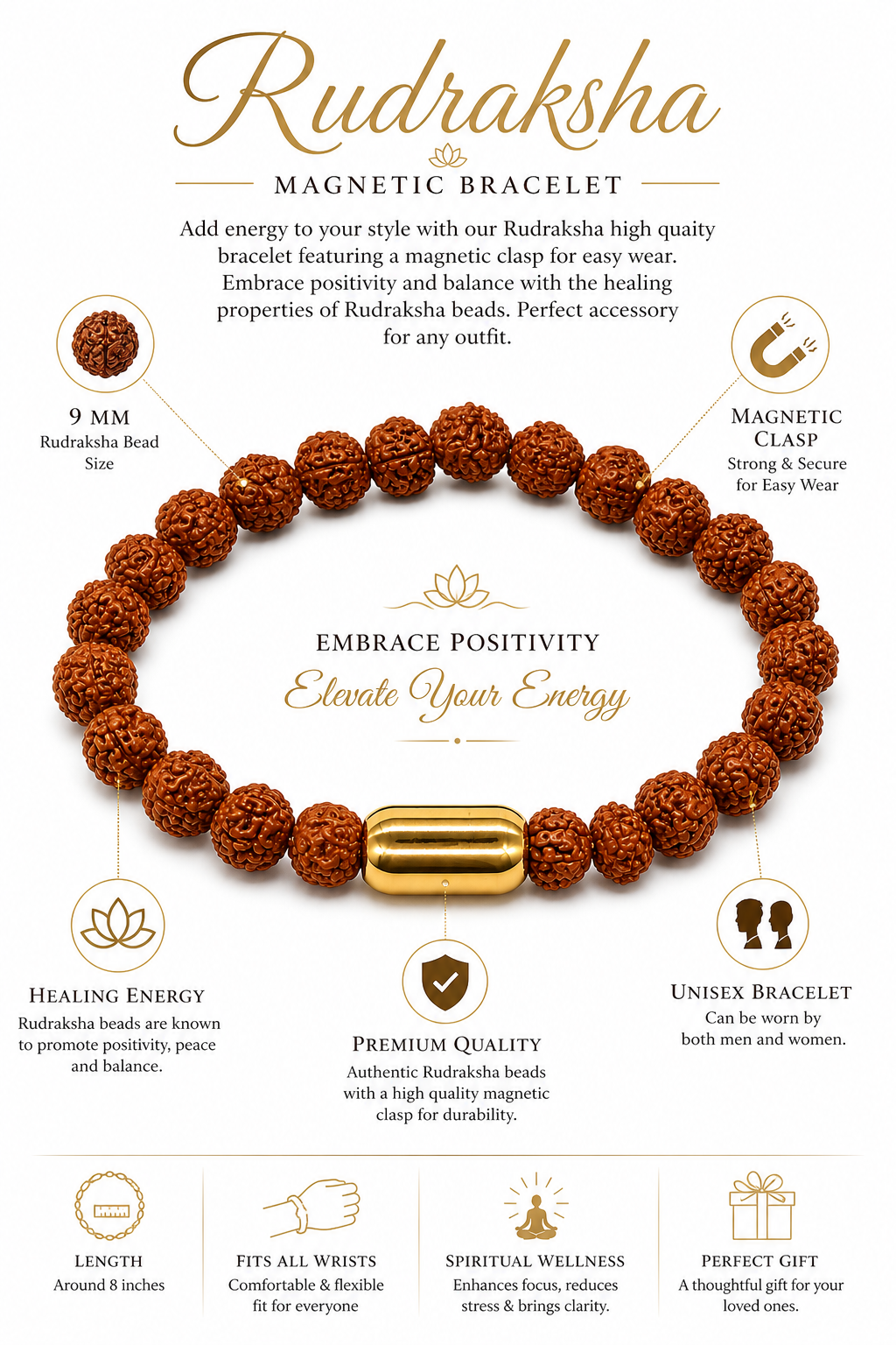 Rudraksha-Armband mit braunen Perlen (9 mm) und goldfarbenem Magnet-Verschluss, flach