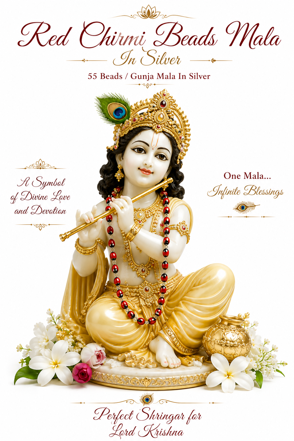 Red and black bead mala garland with silver links worn around Krishna statue