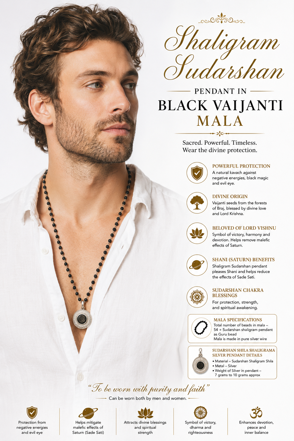 Black Vaijanti mala necklace with silver-wire chain and round Shaligram pendant