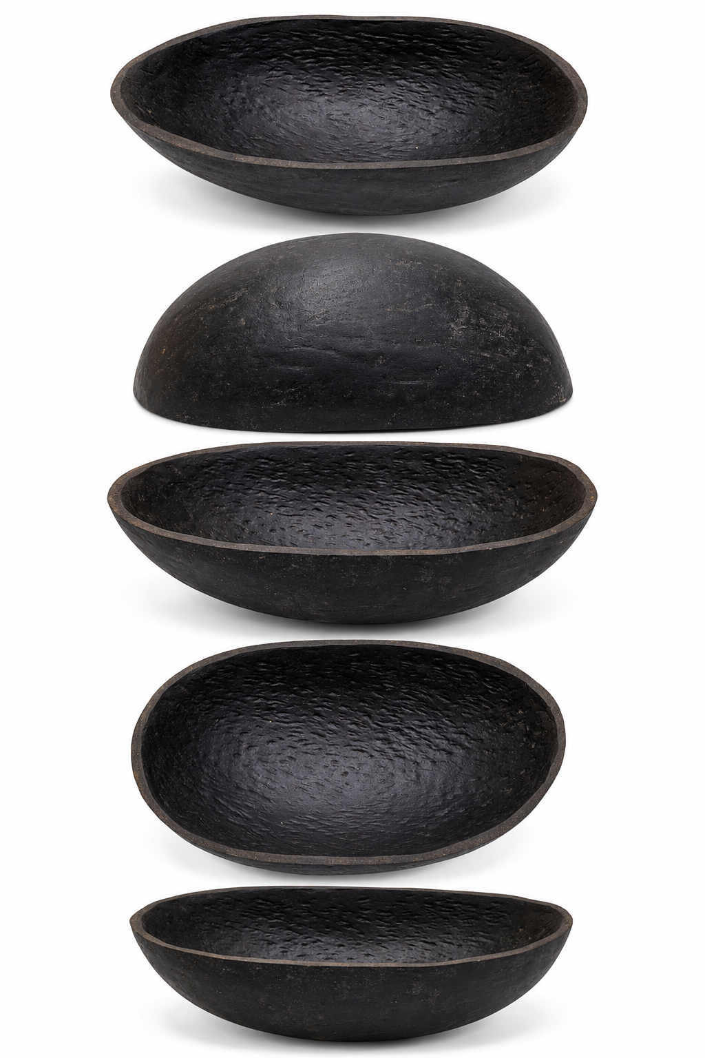 Black coconut-shell ritual bowl with shallow, wide concave interior