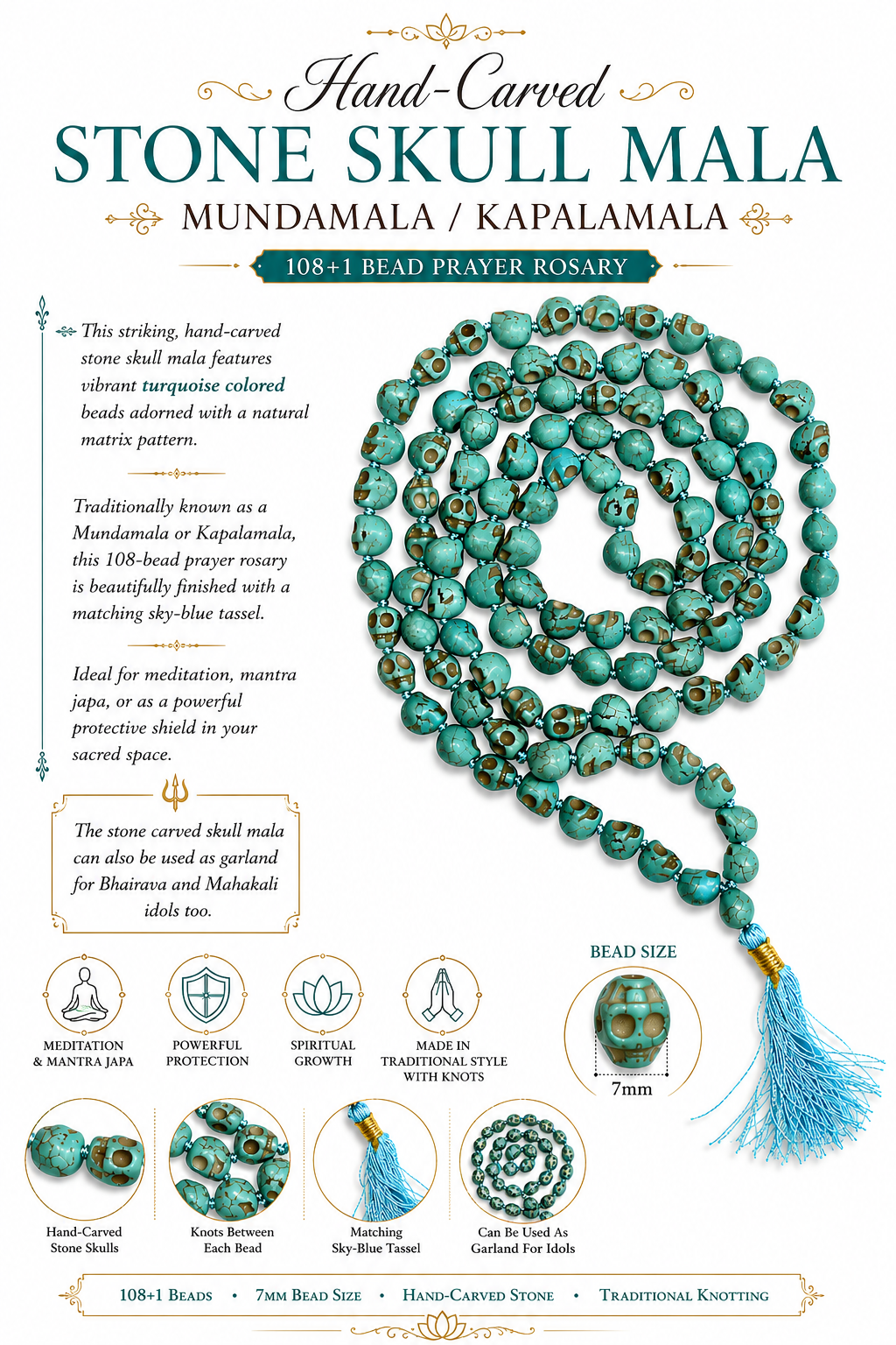 Turquoise stone skull beads mala necklace with gold-tone rings and sky-blue tassel