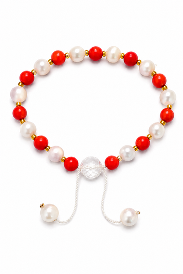 Handmade Freshwater Pearl & Taiwanese Coral Bracelet for Men & Women | Adjustable Unisex Gemstone Bracelet | 7.5 mm Pearls, 7 mm Taiwanese Coral & Golden Glass Spacers