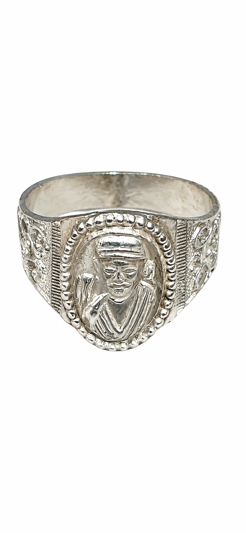 Silver Sai Baba ring with detailed portrait medallion and engraved borders