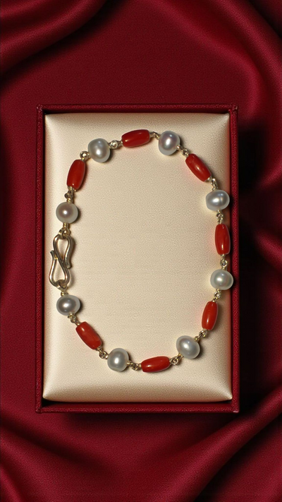 Beautiful Coral and Pearl bracelet in Silver
