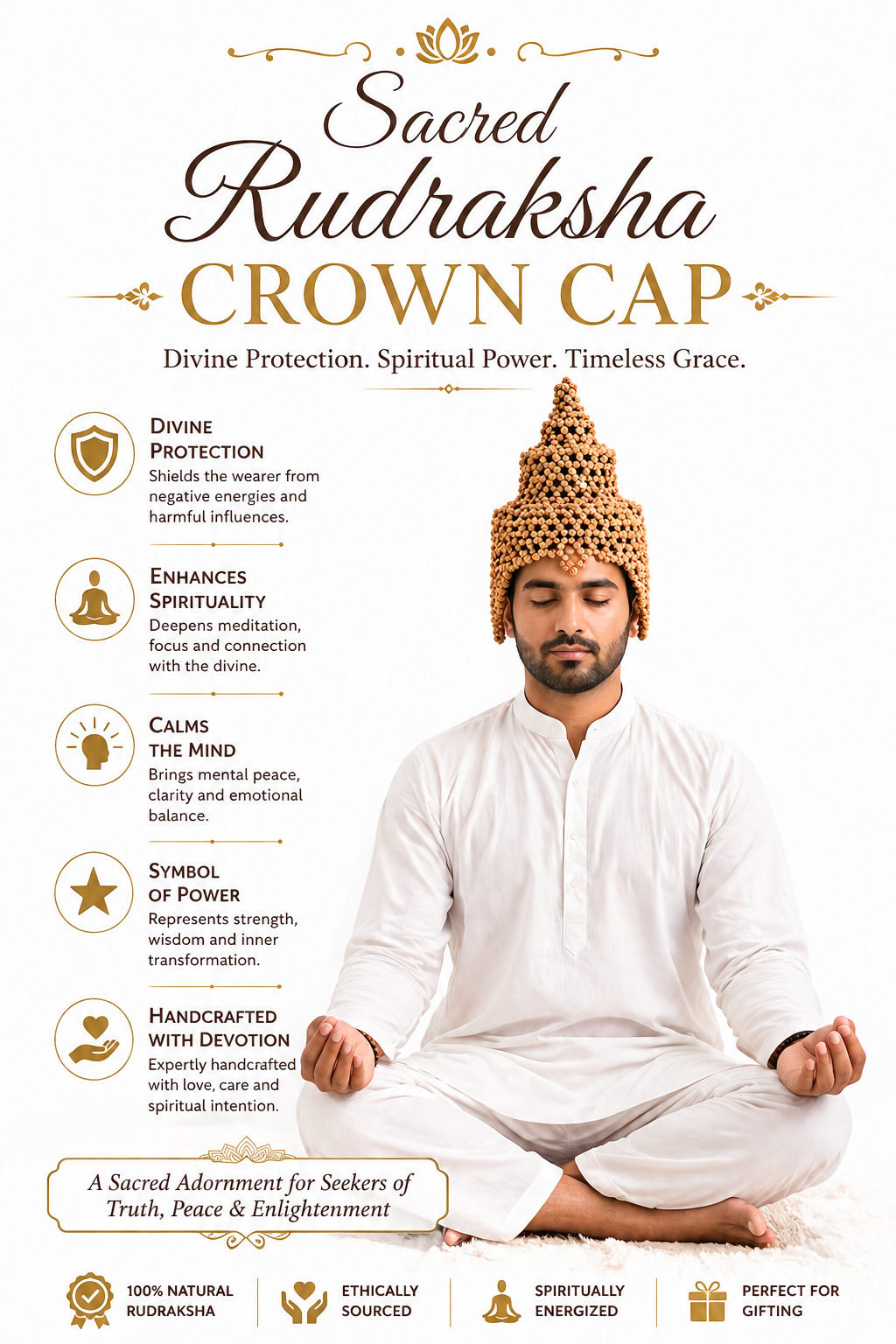 Sacred rudraksha crown cap worn on head, golden-brown bead texture with pointed top