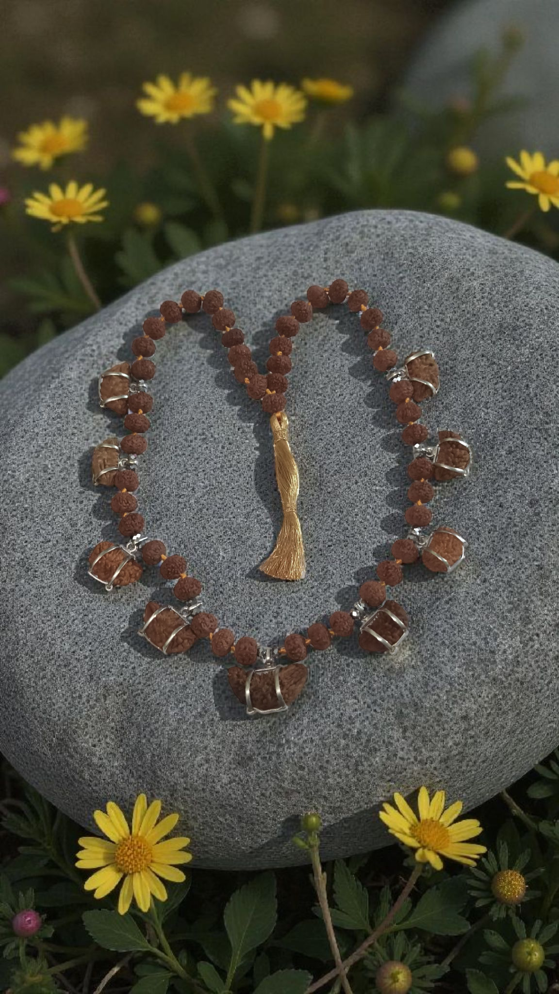 Half Moon One faced Rudraksha Nine beads Mala in Pure Silver – Unique Designer Spiritual Necklace for Men & Women