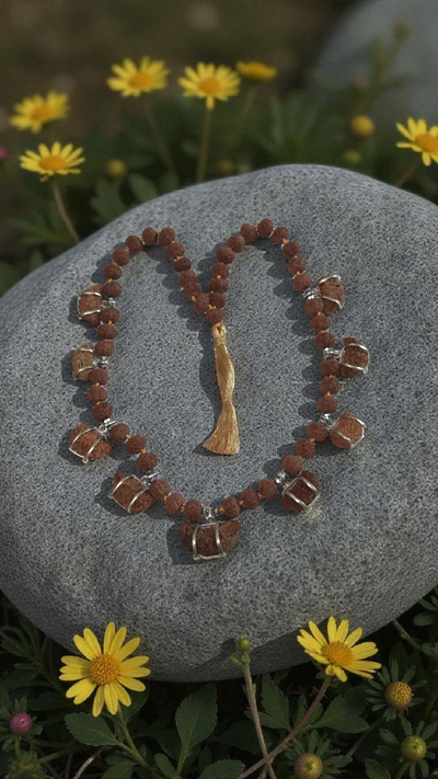 Half Moon One faced Rudraksha Nine beads Mala in Pure Silver – Unique Designer Spiritual Necklace for Men & Women