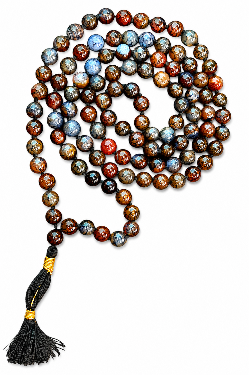 Blue dragon vein agate mala with round beads and black tassel, blue and amber tones