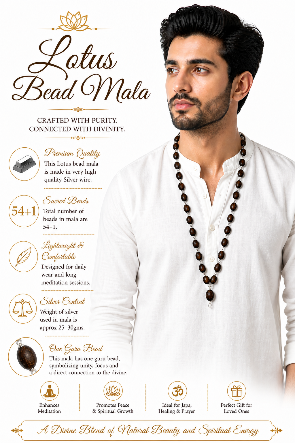 Lotus bead mala necklace worn with dark brown beads and silver chain links, 54+1