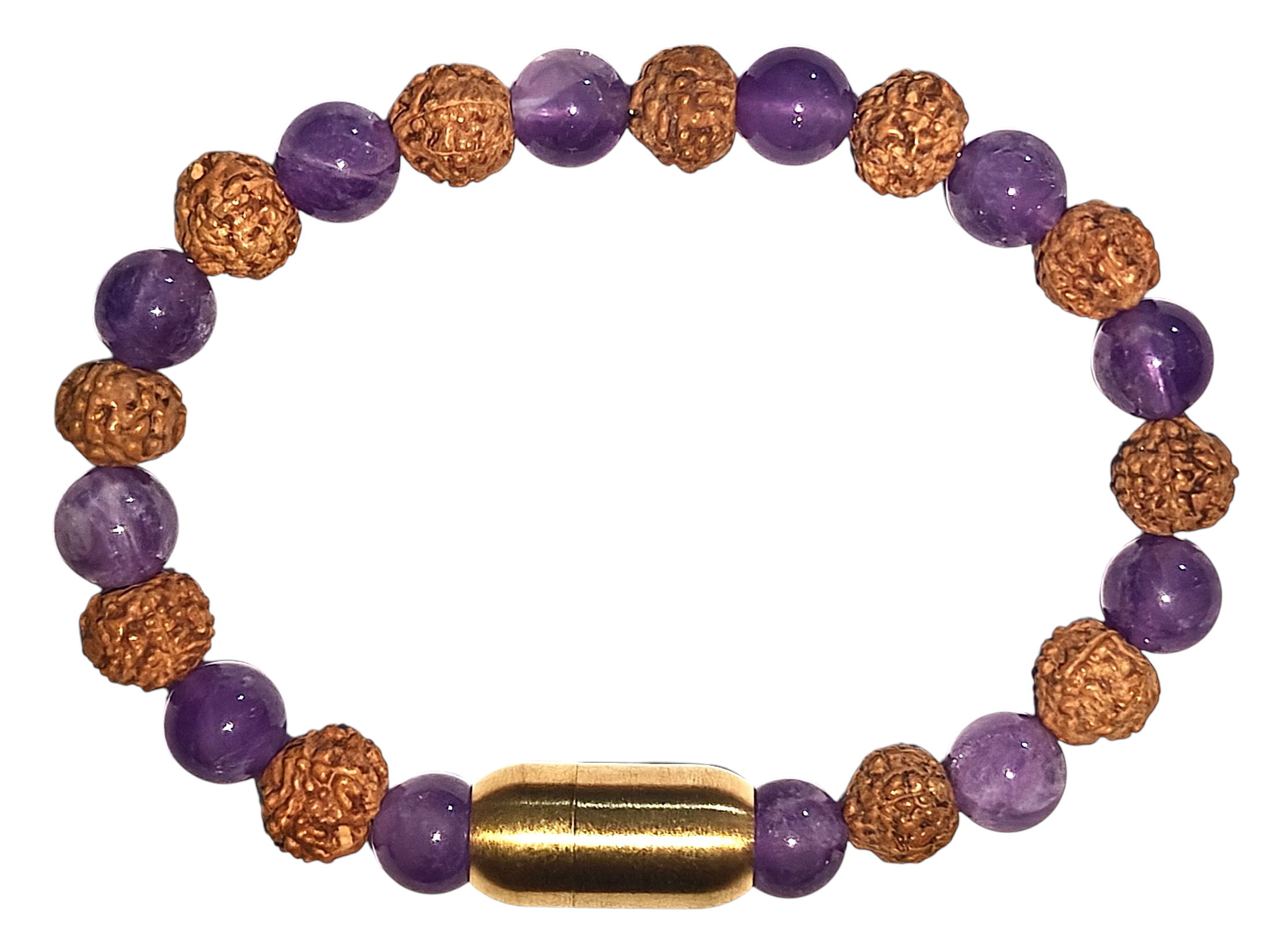 Amethyst and rudraksha beaded wristband with gold magnetic clasp