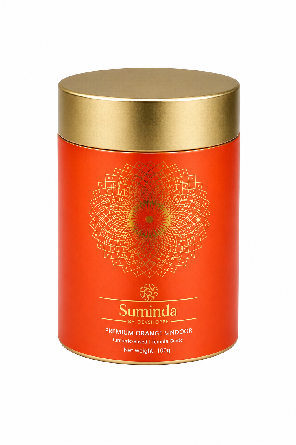 Orange sindoor tin with gold lid and red mandala emblem, 100g