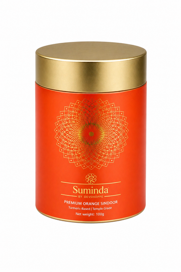 Orange sindoor tin with gold lid and red mandala emblem, 100g
