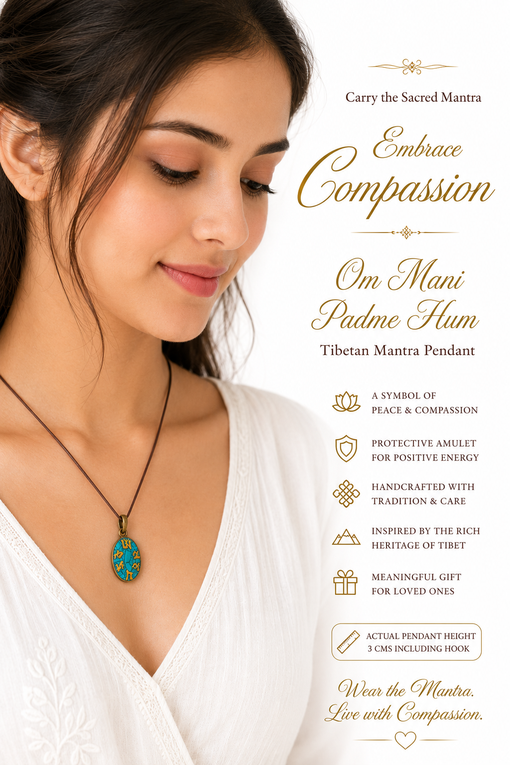 Tibetan Om Mani Padme Hum Brass Pendant with Turquoise Mosaic Inlay | Handcrafted Buddhist Pendant | Unisex