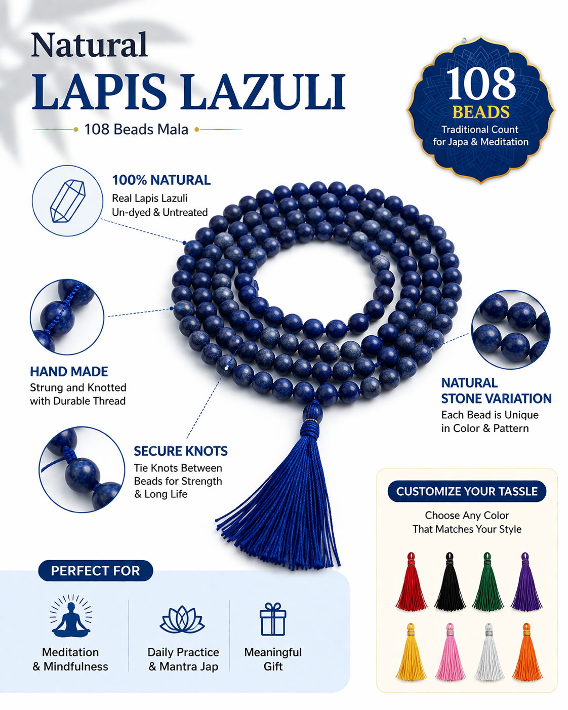 108-bead natural lapis lazuli mala with blue tassel; each bead unique in color