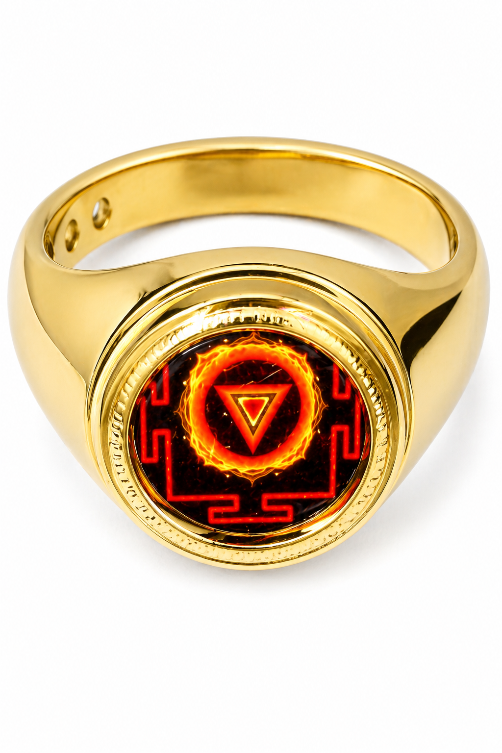 Gold brass ring with red glowing Mahakali yantra symbol in circular bezel