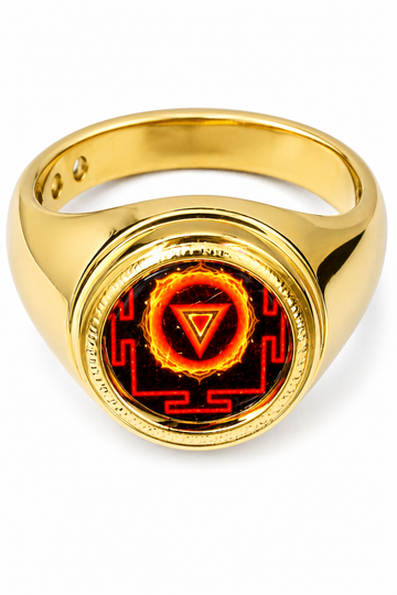 Gold brass ring with red glowing Mahakali yantra symbol in circular bezel