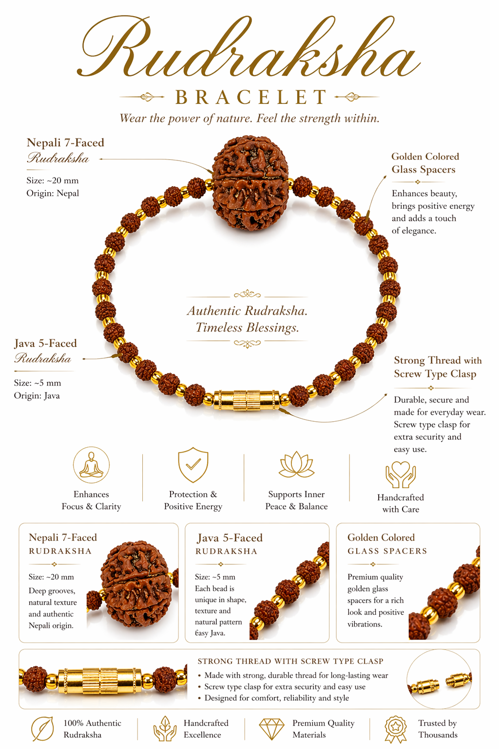 Rudraksha bracelet featuring large 7 Mukhi bead, golden glass spacers, screw clasp