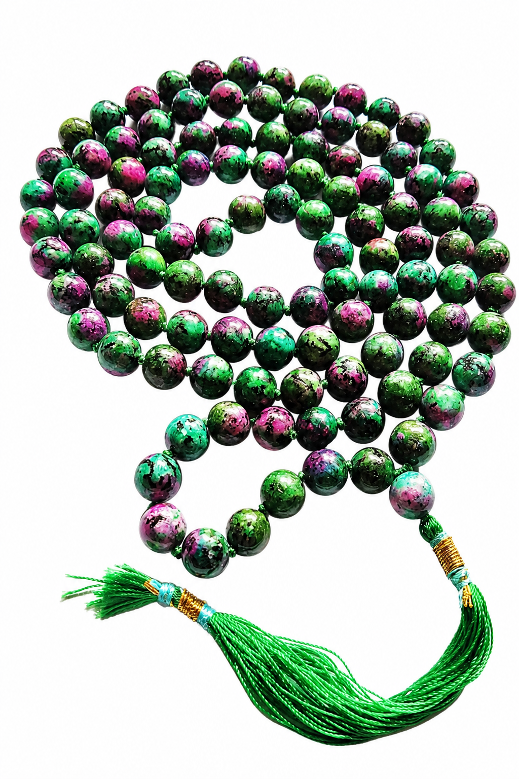 Gemstone bead mala with round green and pink stones and green tassel cord