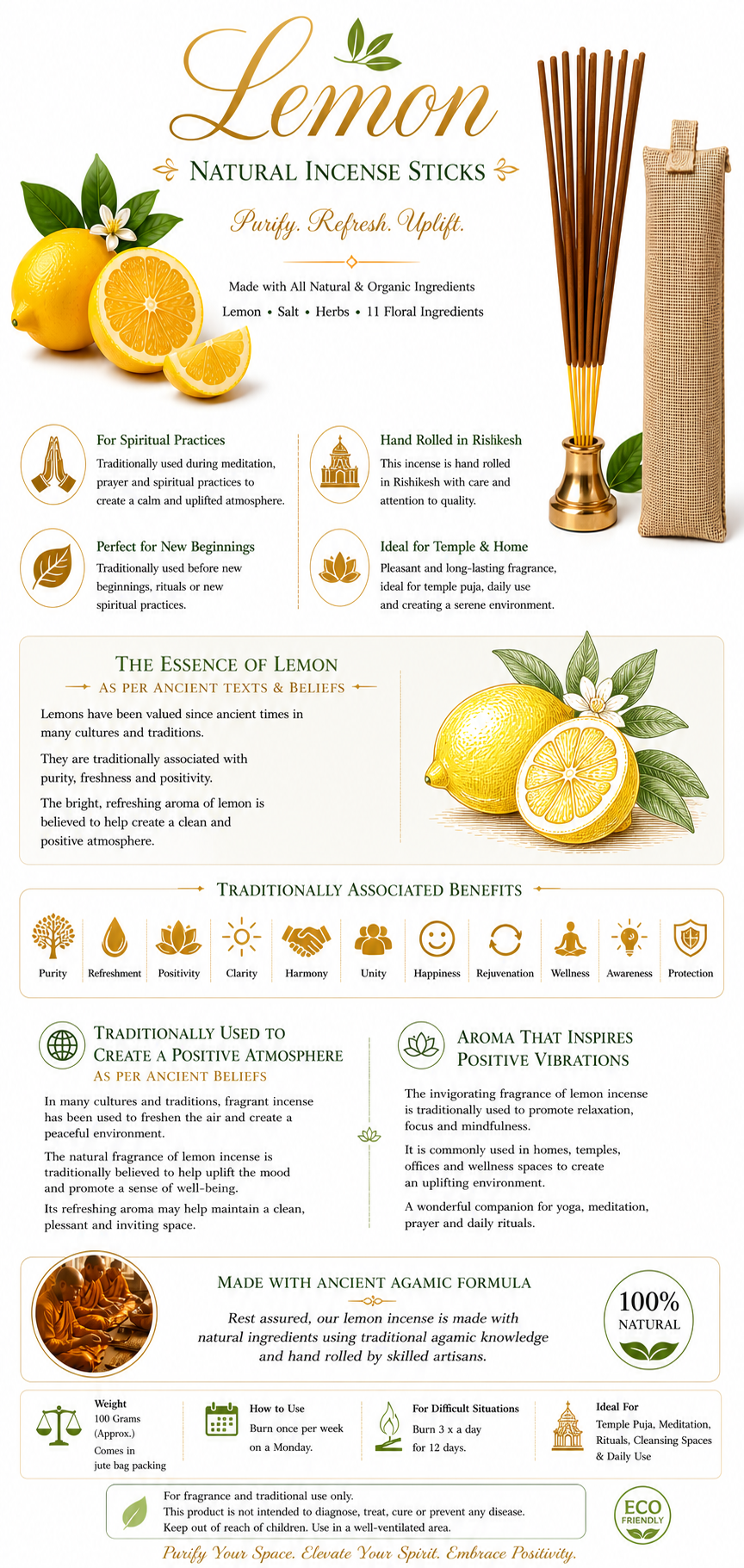 Lemon natural incense sticks infographic with citrus, leaves, and jute pouch