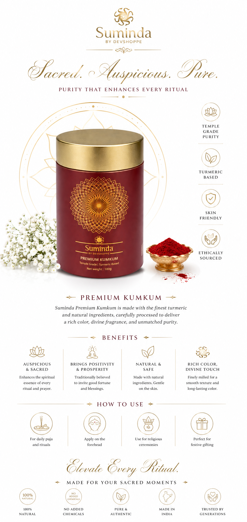 Suminda Kumkum by DevShoppe - Premium Temple Grade, Turmeric Based Kumkum for Puja, Tilak & Rituals (100g)