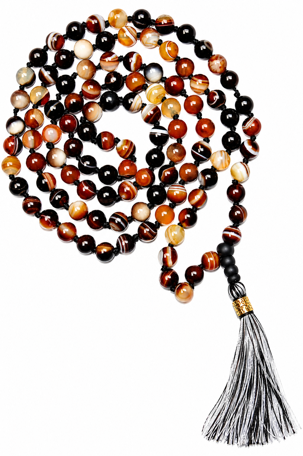 Sulemani Hakik mala: 7mm banded agate beads, 108+1, with black-and-silver tassel.