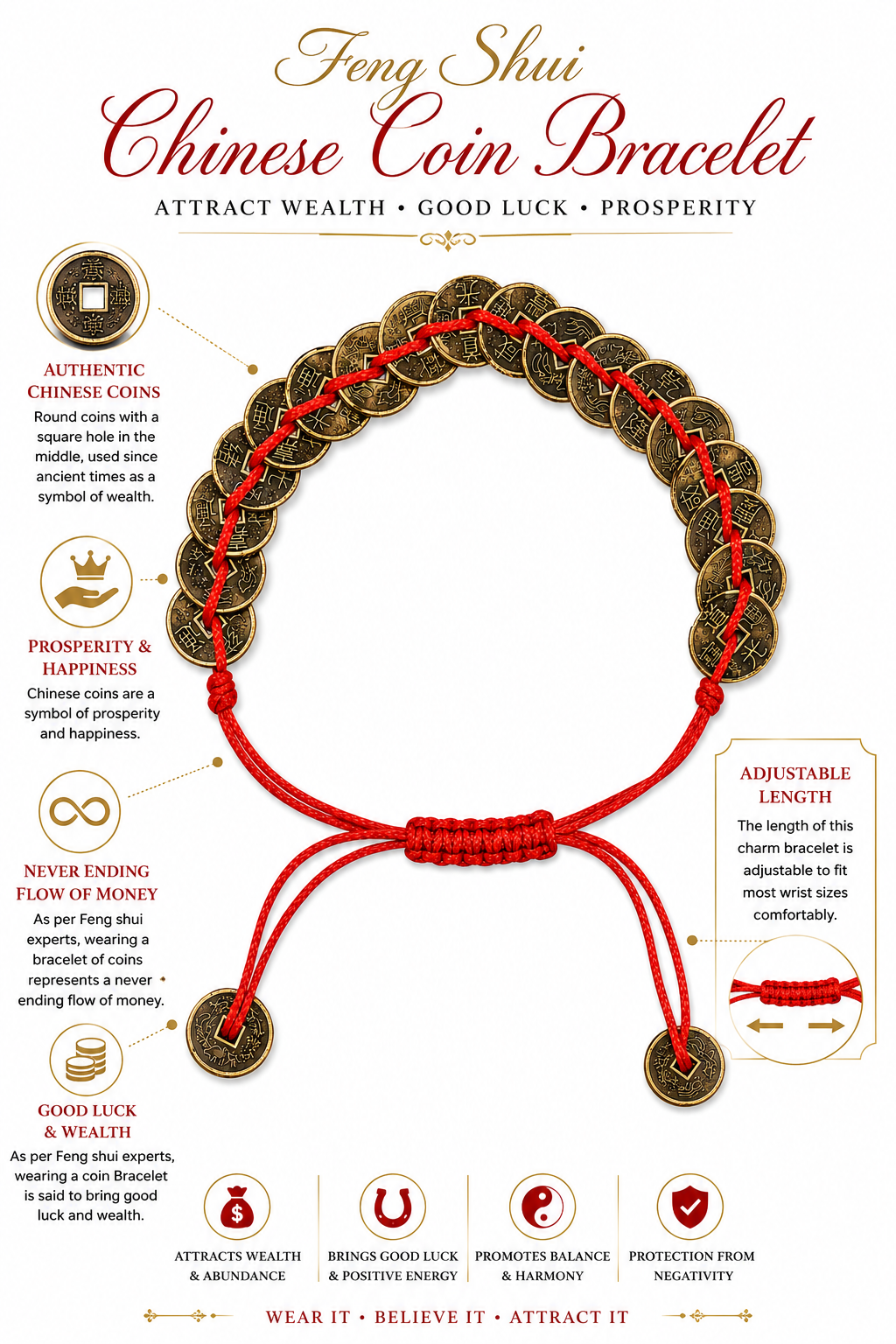 Adjustable red cord bracelet with gold Chinese coins and two hanging coin charms