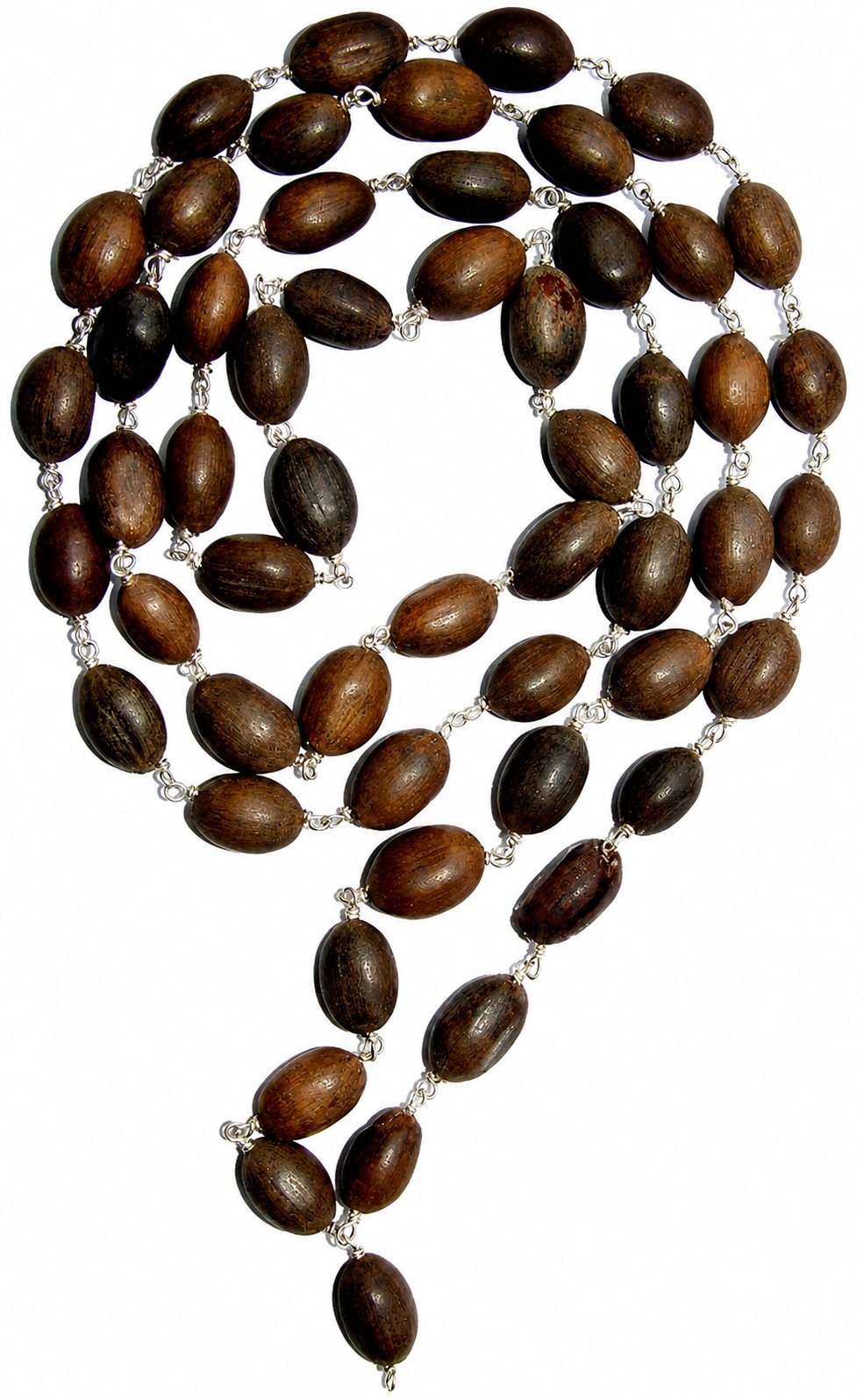Kamal Gatta mala necklace with dark brown lotus seed beads and silver links, 54+1