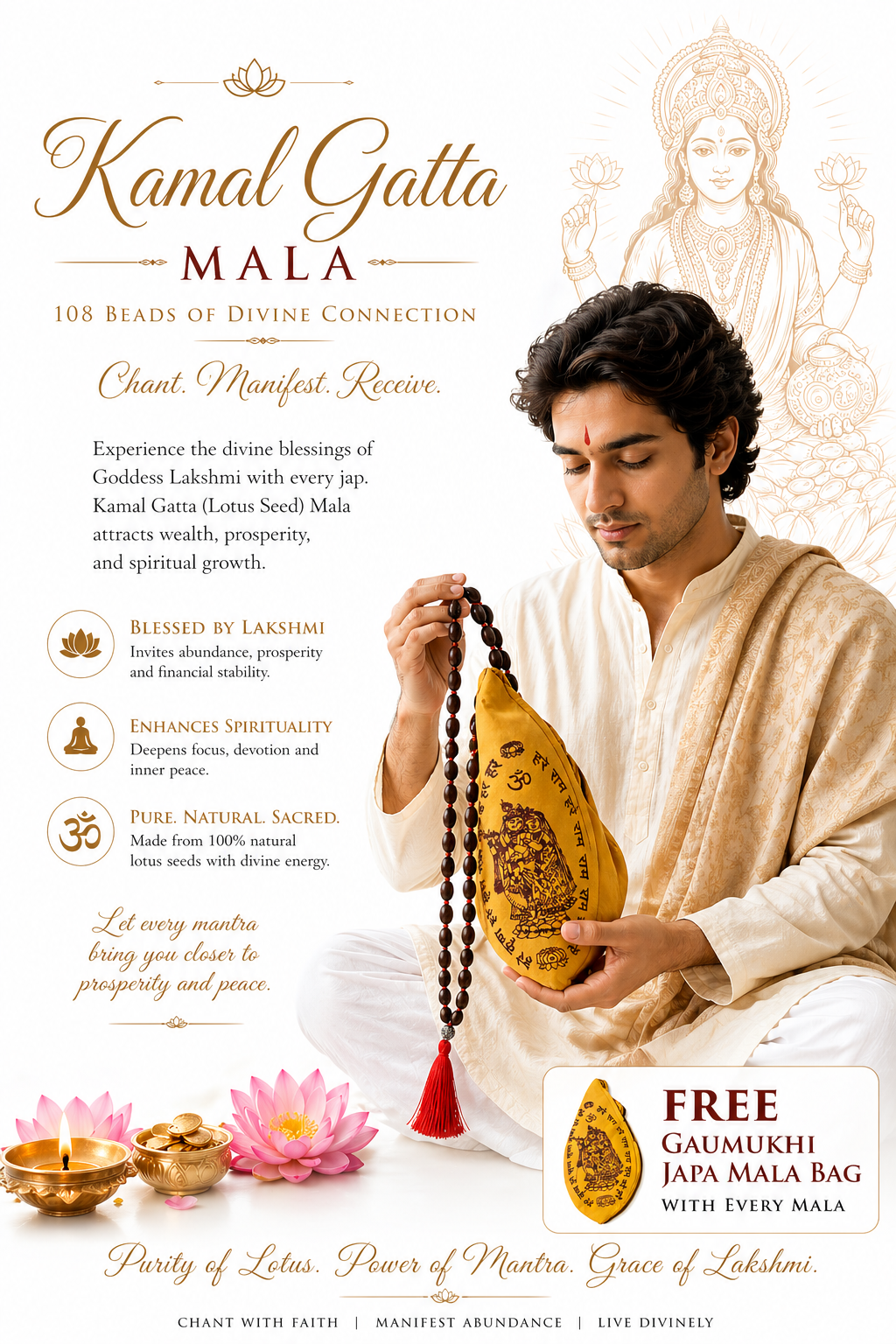 Lotus seed japa mala with 108 beads and guru bead, shown held with red tassel