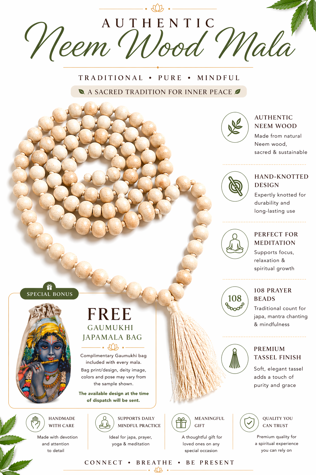 Neem Wood Japa Mala 108 Beads with Tassel | Natural Hand Knotted Jap Mala for Chanting Meditation Prayer | Free Gaumukhi Japamala Bag Included