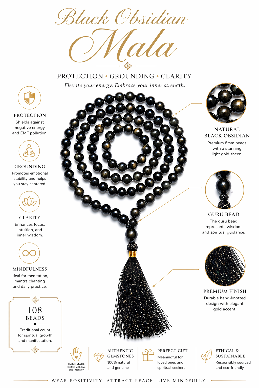 Black obsidian mala necklace, 108 beads, gold-speckled tassel with braided end