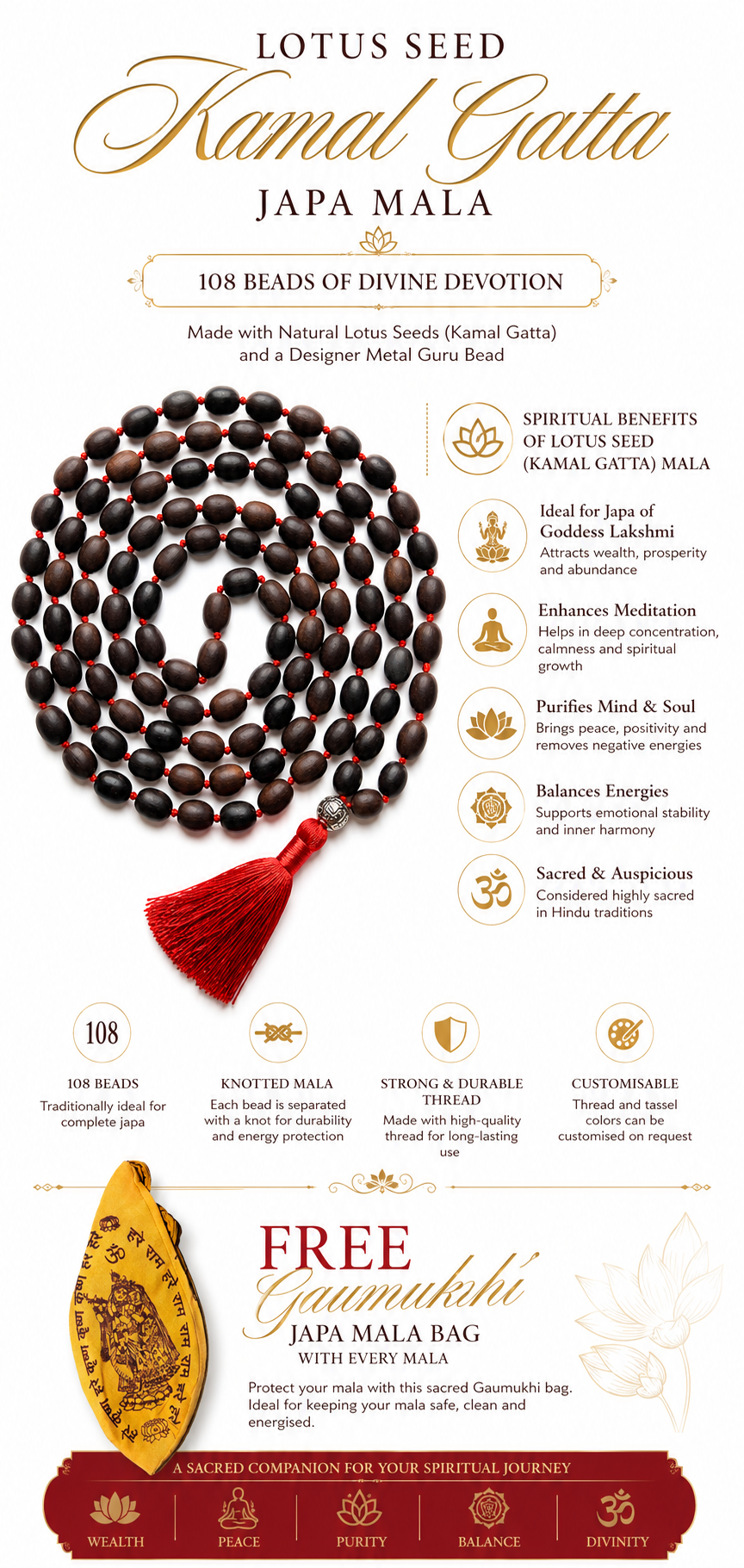Kamal Gatta lotus seed japa mala card: 108 beads with guru bead and red tassel
