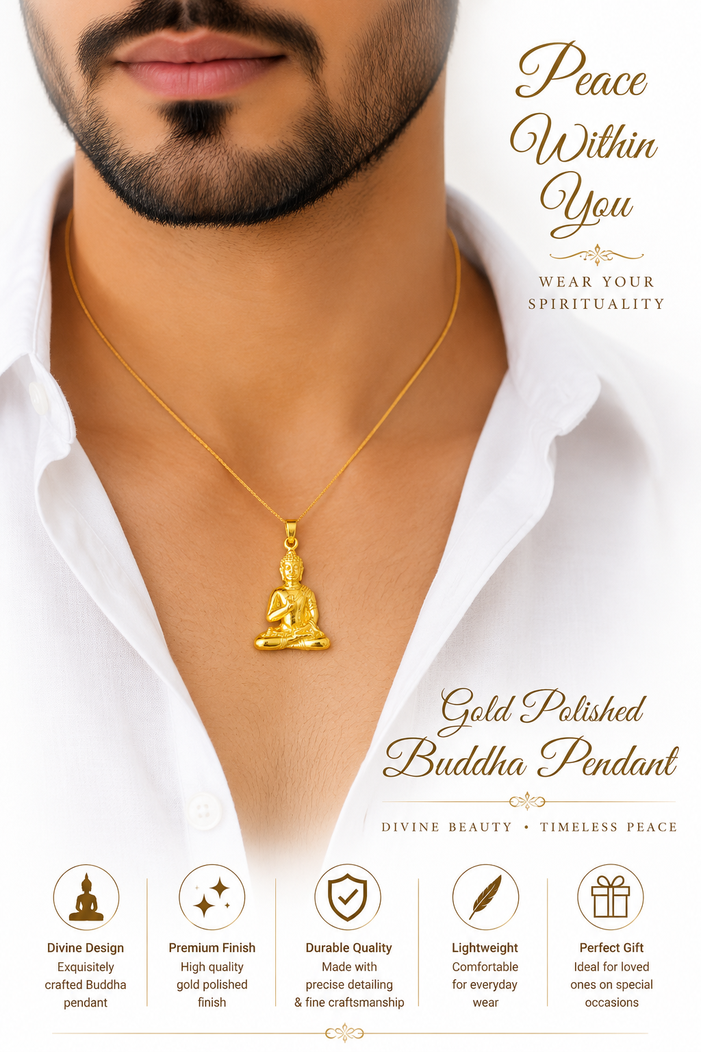 Gold Polished Buddha Pendant for Men & Women | Premium Gold Finish Meditating Buddha Necklace Charm | Spiritual Jewelry | Symbol of Peace & Wisdom