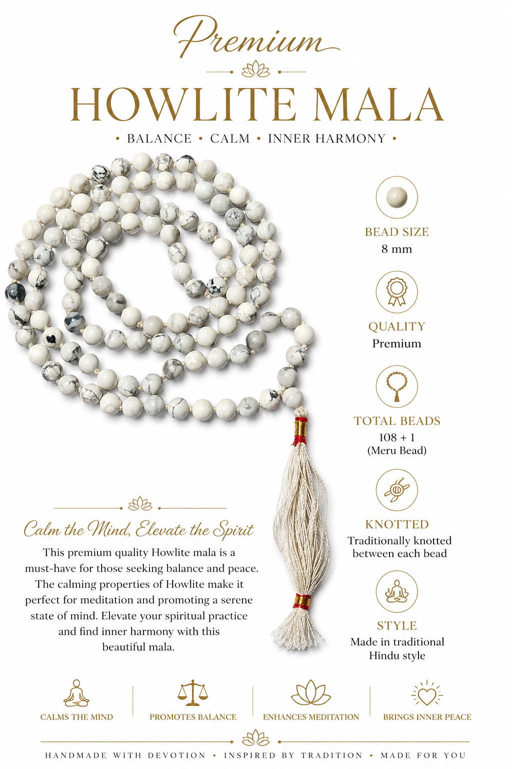 Howlite bead japa mala with 8mm knotted beads and off-white tassel with red tie