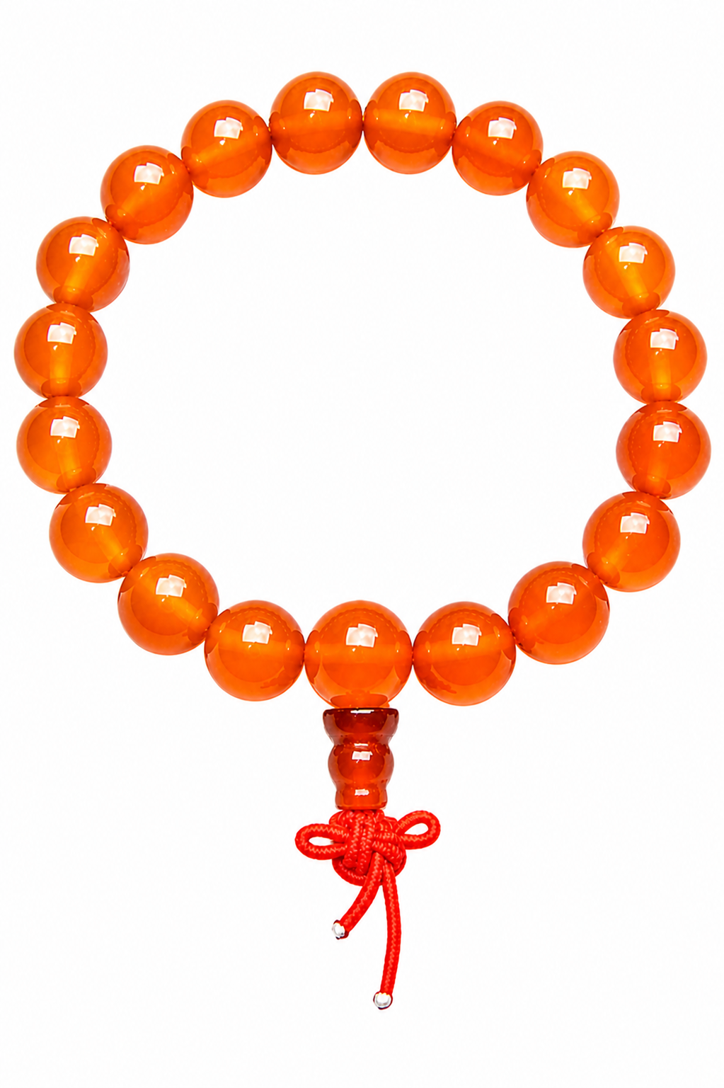 Orange carnelian-style beaded power bracelet with red knot charm on elastic cord