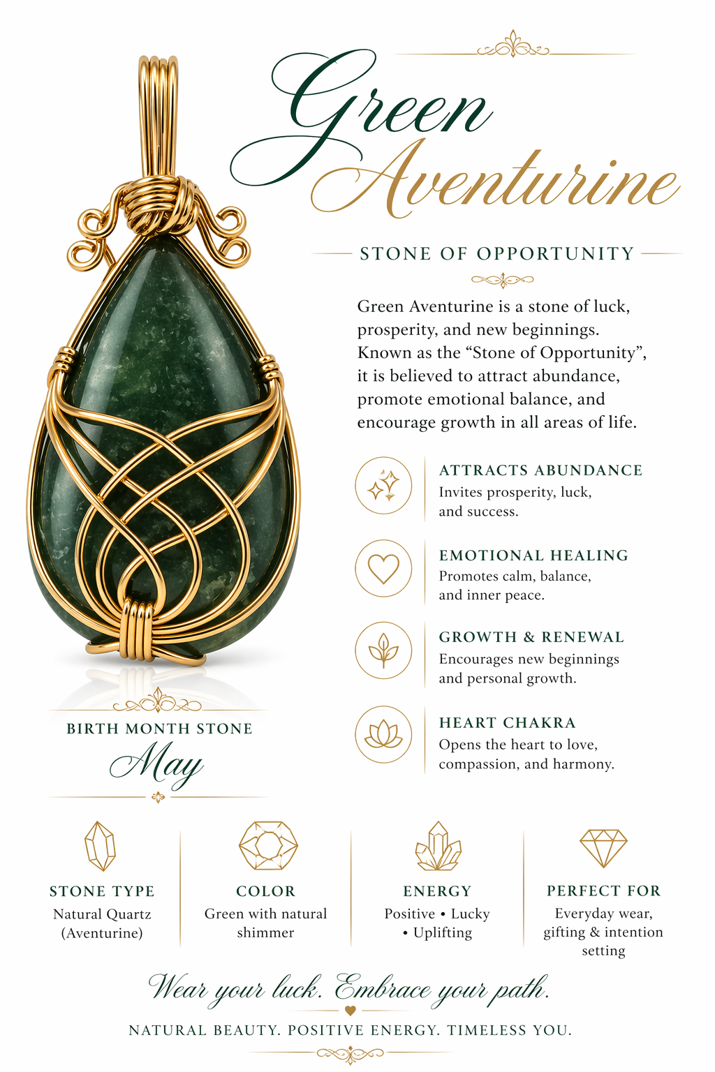 Green Aventurine Wire Wrapped Pendant for Women & Men | Natural Teardrop Crystal Stone Pendant | Handmade Gold Tone Jewelry Charm