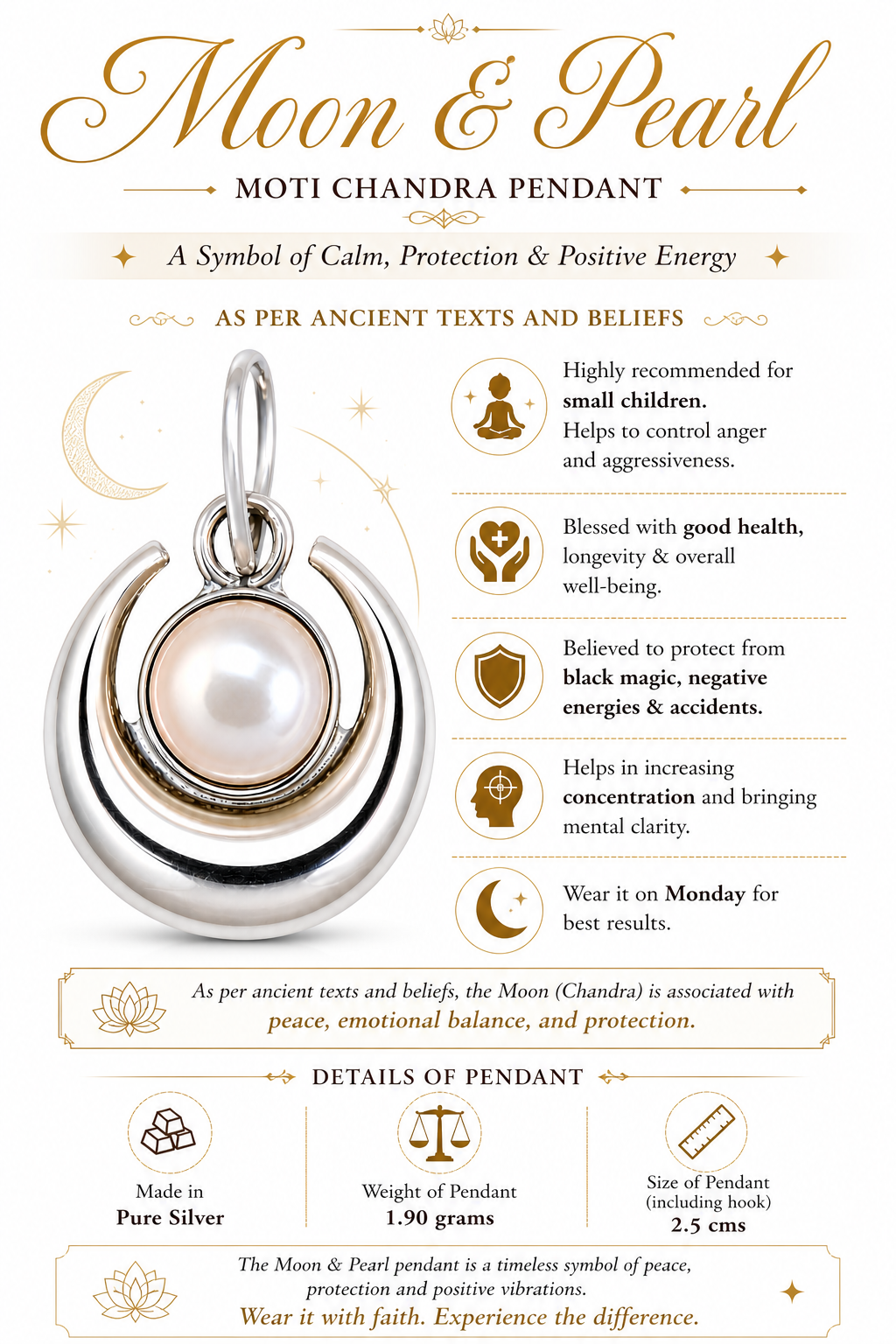 Pendentif Moti Chandra en argent pur avec perle blanche, vue détaillée et mesures