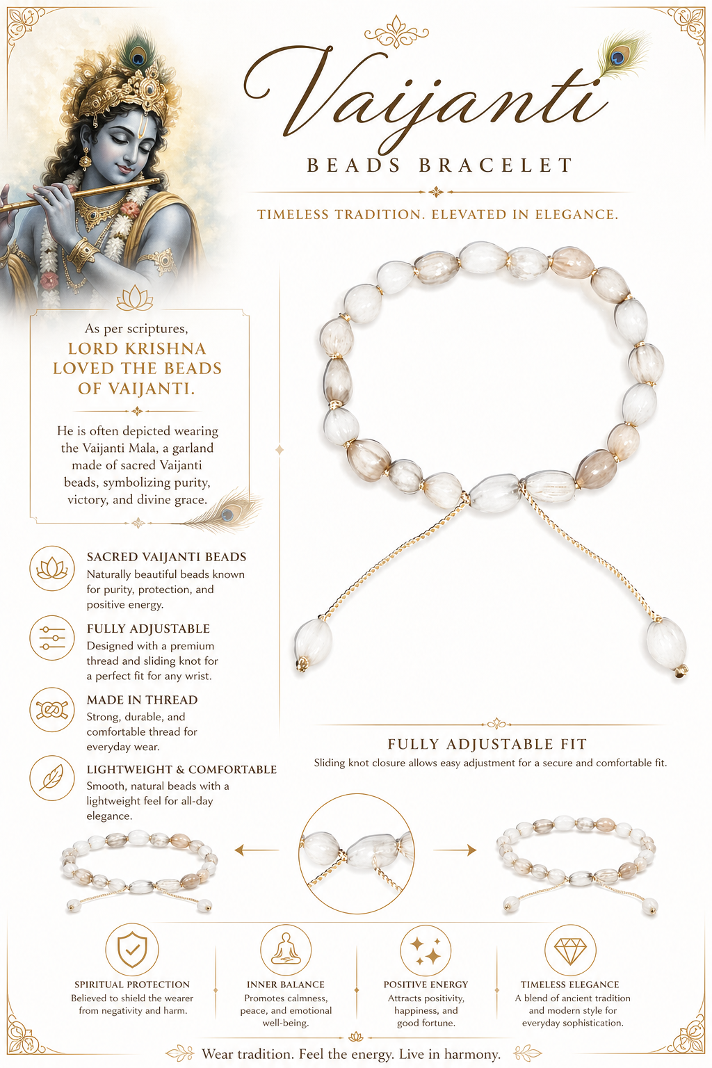 Beaded bracelet, fully adjustable: white oval beads with sliding cords and tassels
