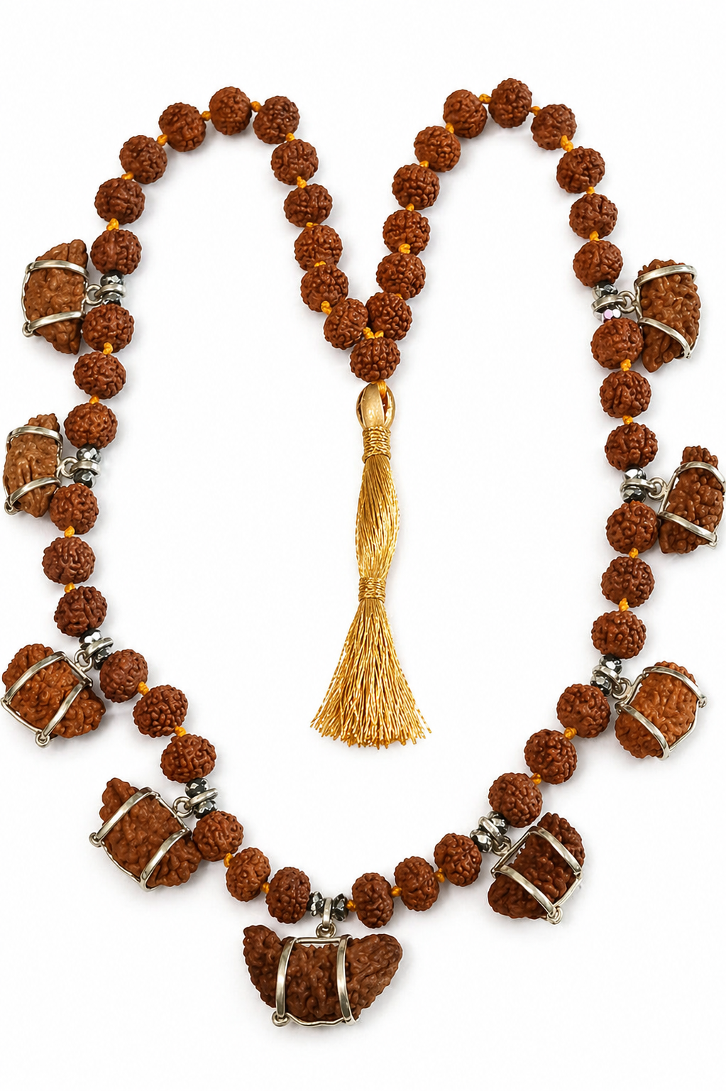 Half-moon rudraksha mala with silver bead caps and gold tassel, 9 beads