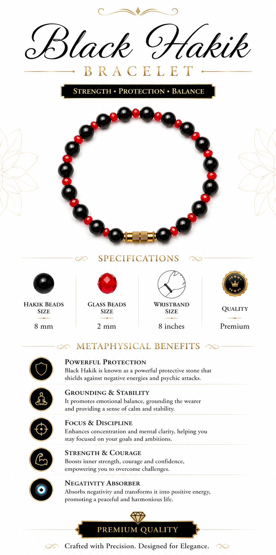 Black Hakik bracelet with red glass beads and gold center detail, 8mm beads