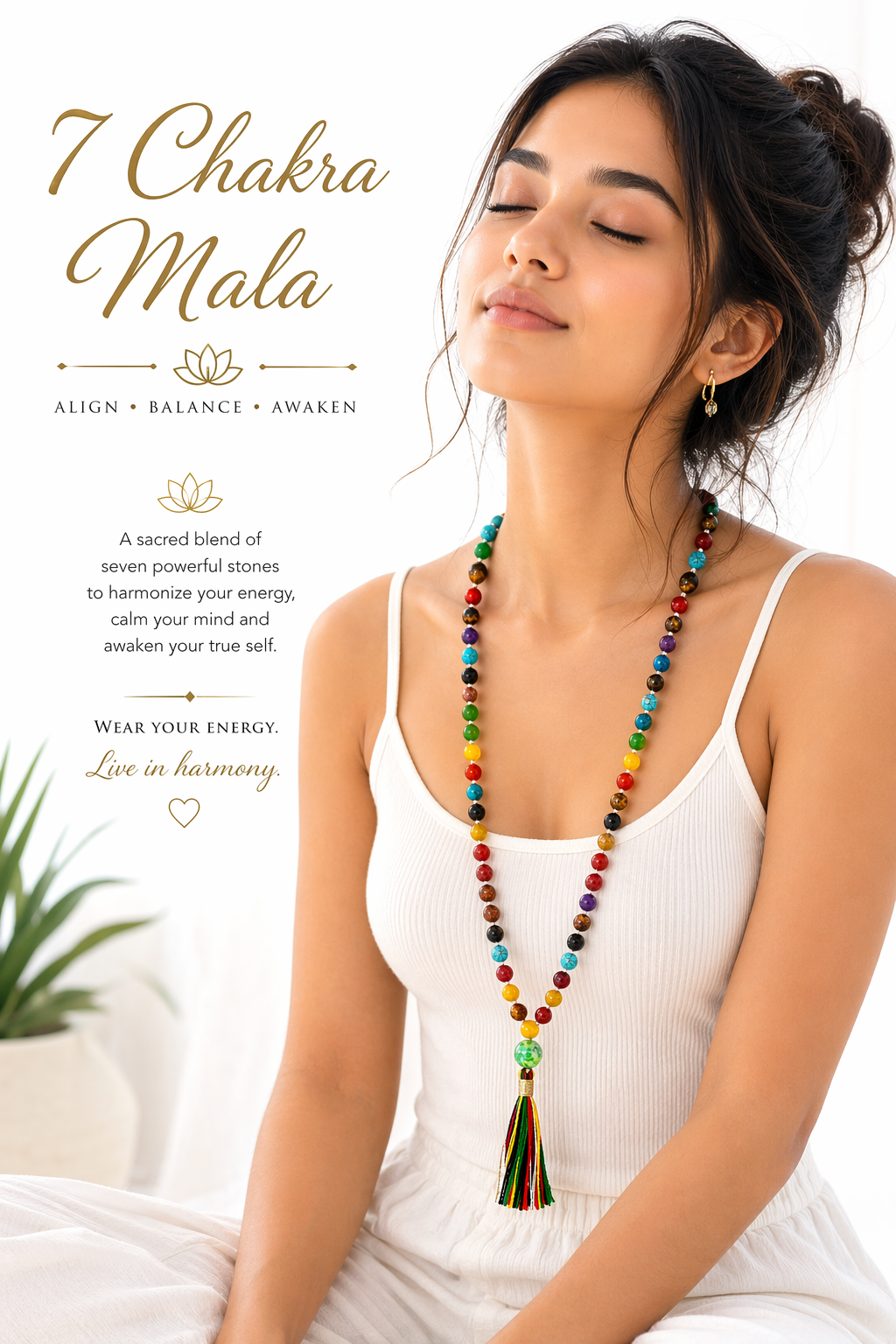 Multicolor gemstone bead mala necklace with tassel, worn on the neck