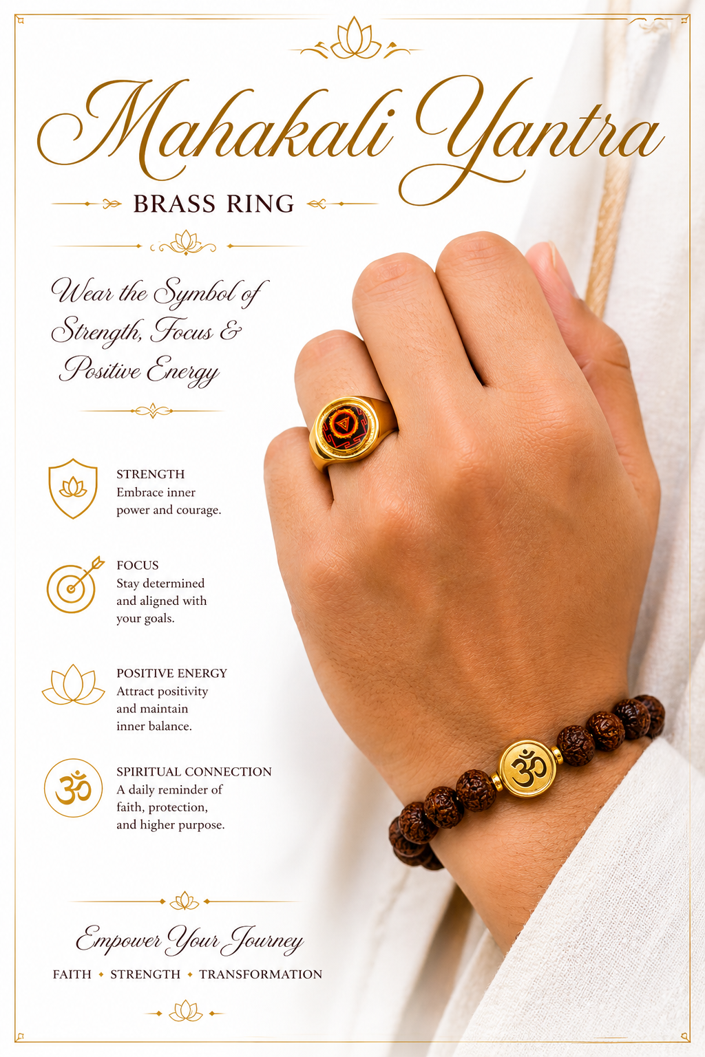 Gold brass ring on finger, red yantra emblem set in round frame
