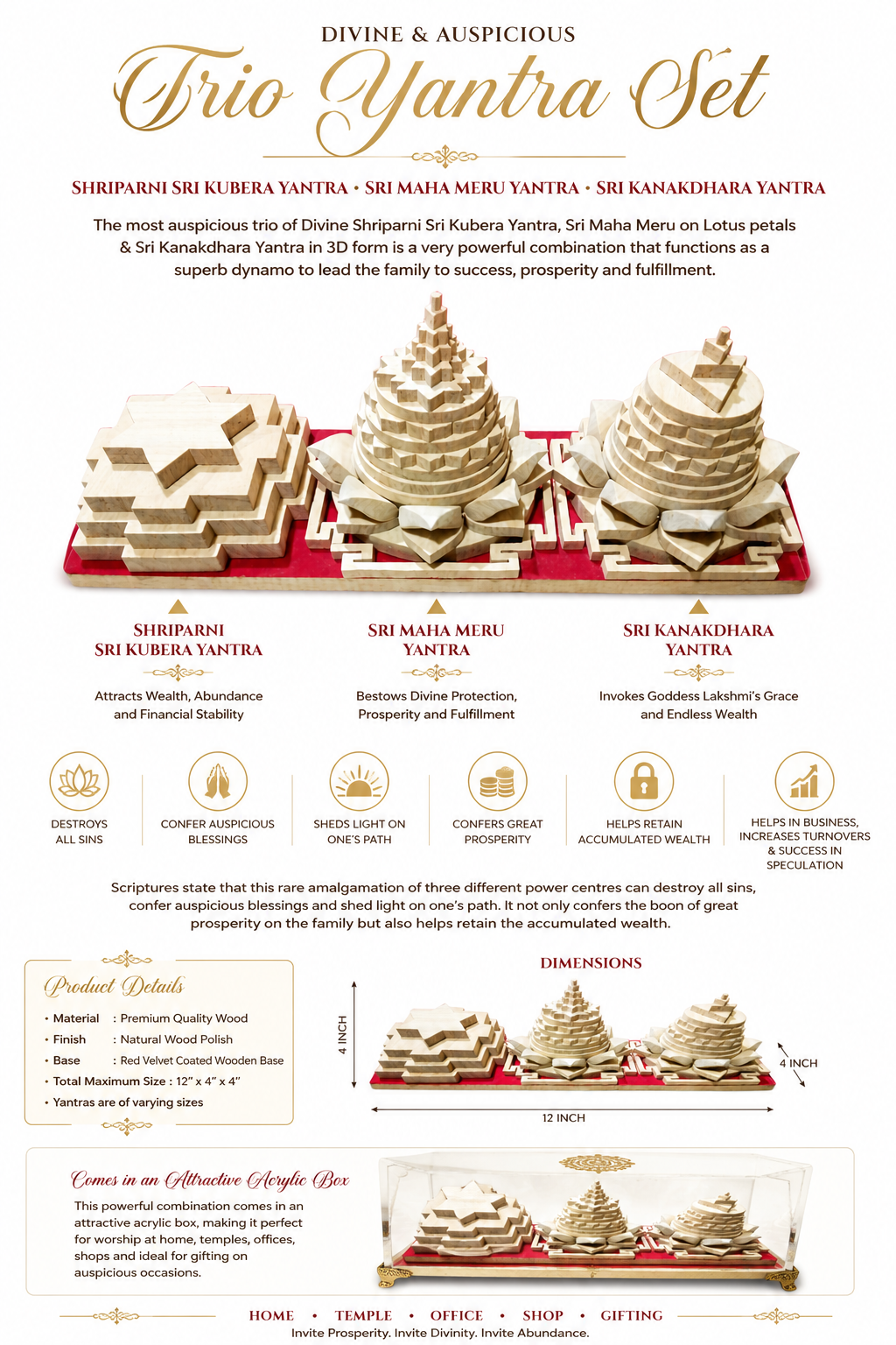 Trio Yantra set with three stacked wooden yantras, geometric patterns on red base